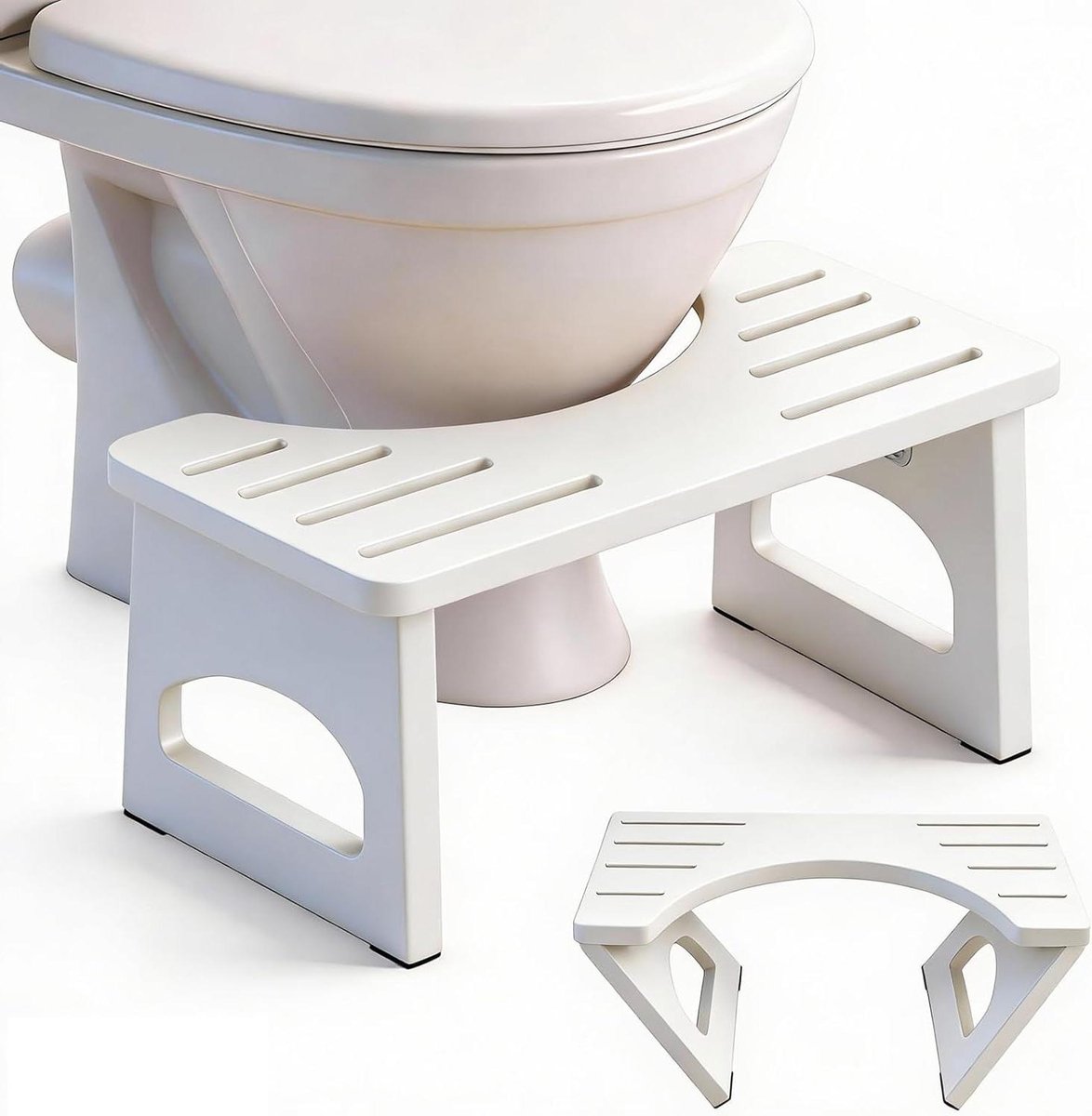 Toiletkruk Hout - Opstapje Badkamer - Comfortabel Toiletgebruik - Inklapbaar C-vormig Design - 19 cm Hoog - Lichtwit