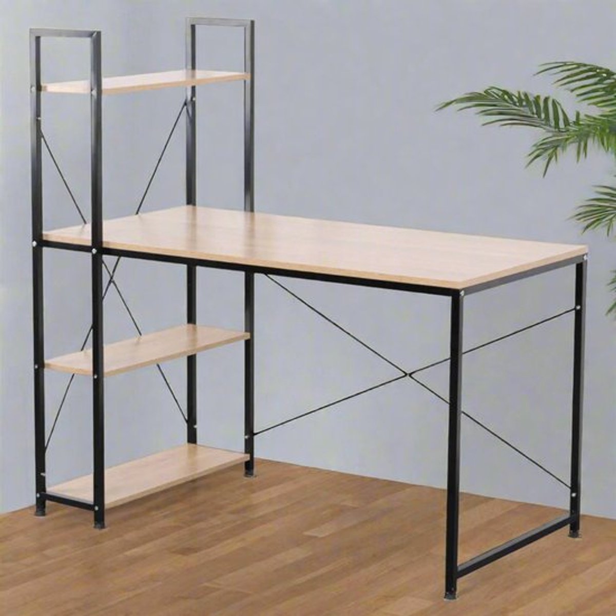 Bureau - Hoekbureau - Computertafel - Office Bureau - met 4 Planken – Compact Werkstation –Voor Gaming - Studeren - Kantoor – Laptop of PC Tafel – E1 Hout & Metaal – 120x64x120 cm - Licht Eiken en Zwart