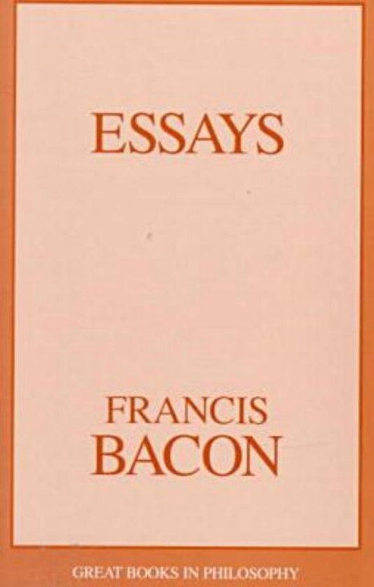 Boekomslag 'Essays' door Francis Bacon met oranje tekst op een zachtroze achtergrond.