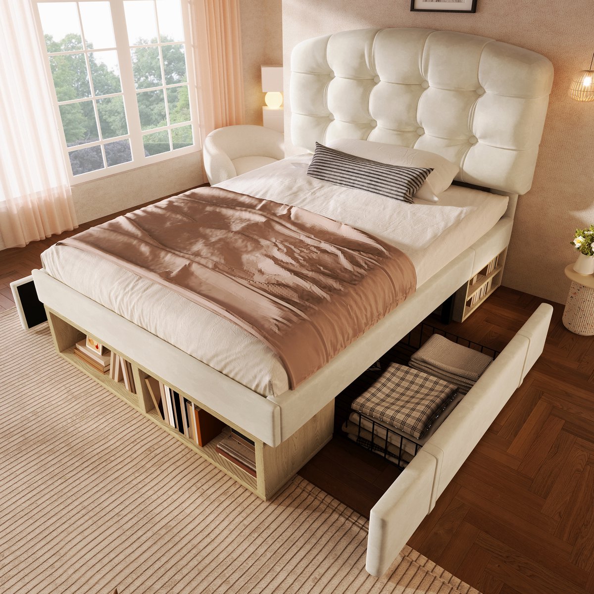 FloraGrace Gestoffeerd Bed 90 x 200 cm - Verstelbaar Hoofdbord - Laden en Opbergruimte - Fluweel - Beige - Zonder Matras