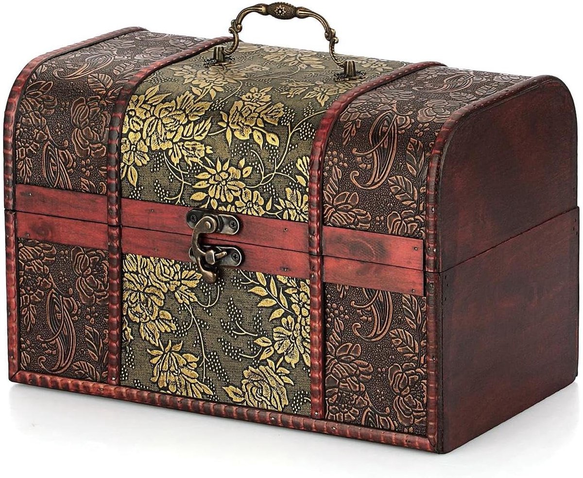 Vintage Schatkist Doos - Piraat Aandenken Doos - Sieraden Opbergen - Decoratief Houten Ontwerp - X-Large - Houtkleur