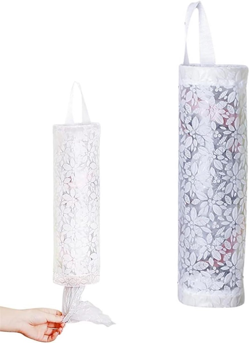 Plastic Bag Holder - Opberger - Keuken Organiseren - Bloemen Design - 11cm x 44cm - Wit