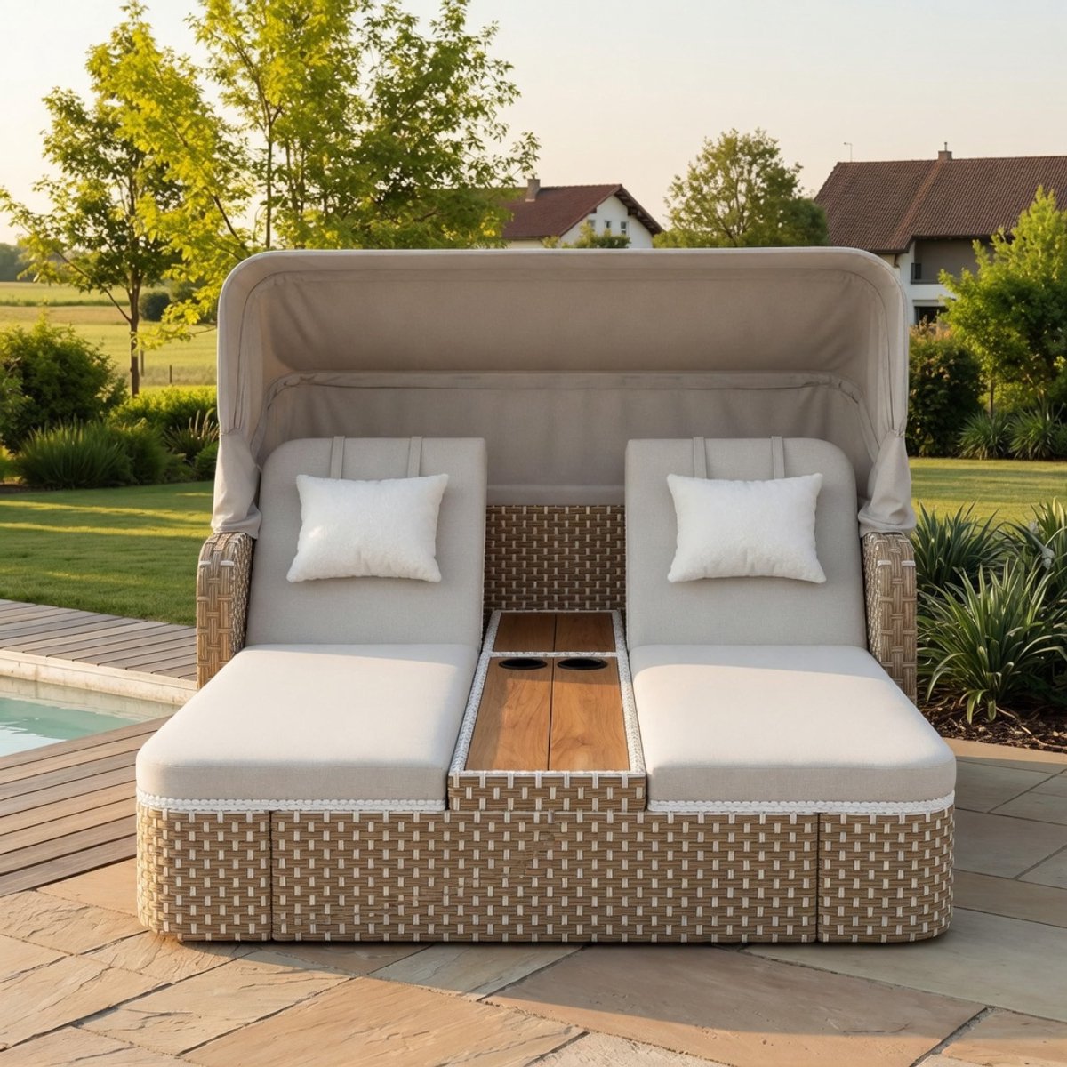 Luxe 2-Persoons Zonne-eiland met Luifel – Rotan Ligbed Loungeset Tuin & Balkon – Weerbestendig PE Rotan Dagbed met Dikke Kussens, Verstelbare Rugleuning & Bekerhouders – Industrohome