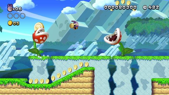 Twee Piranha Plants met rode plantenbekken kijken naar een konijn met tas die wegvliegt.