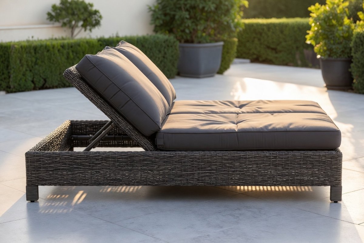 Luxe Dubbele Zonneligstoel Polyrotan met Kussens en Zonnedak – 2 Persoons Outdoor Lounge Bed voor Tuin, Terras en Balkon – Weerbestendig Zonne-Eiland Ligbed Zwart IndustroHome