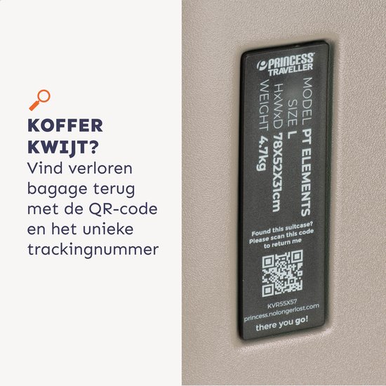 Princess Traveller koffer met QR-code voor tracking. Model PT Elements, maat L, 78x52x31cm, 4.7kg.