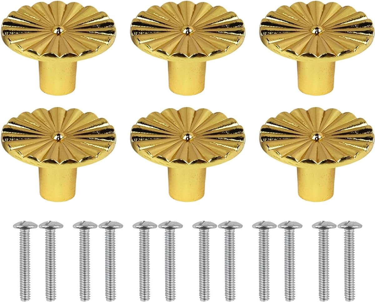 Set van 6 Geborsteld Gouden Kastknoppen - Ronde Messing Dresser Lade Knoppen, Eenvoudige Kast Hardware voor Keuken en Meubels, Inclusief Schroeven