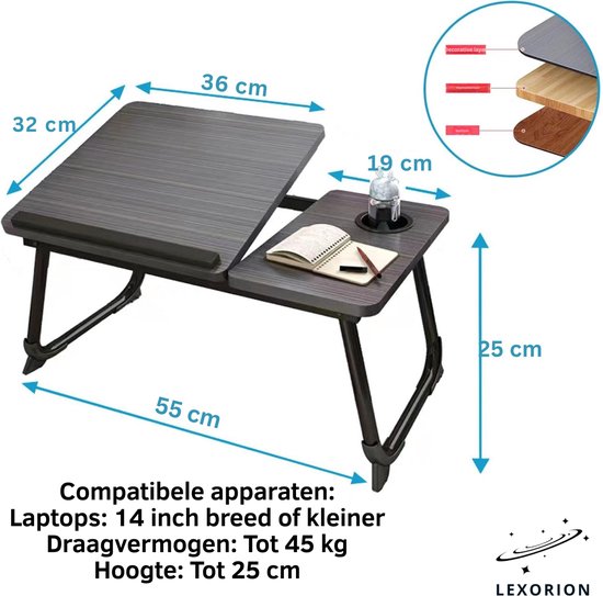 Afmetingen van de Lexorion bedtafel, met de tekst 'Compatibele apparaten: Laptops: 14 inch breed of kleiner Draagvermogen: Tot 45 kg Hoogte: Tot 25 cm'.