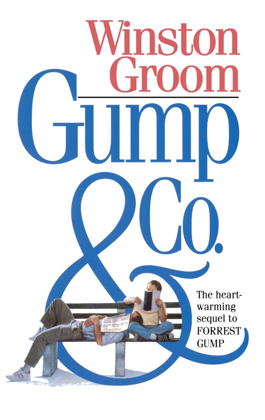 Boekomslag met de titel 'Gump & Co.' van Winston Groom. Een man ligt op een bankje, een kind leest een boek.