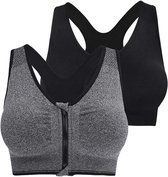 2 Stuks Sportbeha met voorsluiting - Sport BH Dames met Ritssluiting aan de Voorzijde - Sport BH met Rits - High Impact Sportbeha met Rits - Fitness BH - Beha zonder beugel - Push-up & Ademend - Ondergoed dames - Bra - Maat L - Zwart, Grijs