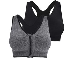 2 Stuks Sportbeha met voorsluiting - Sport BH Dames met Ritssluiting aan de Voorzijde - Sport BH met Rits - High Impact Sportbeha met Rits - Fitness BH - Beha zonder beugel - Push-up & Ademend - Ondergoed dames - Bra - Maat L - Zwart, Grijs