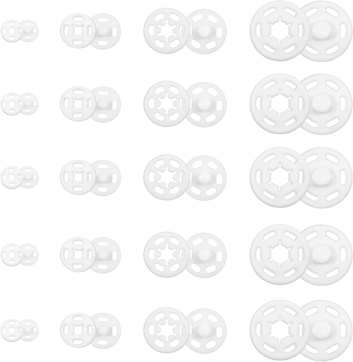 120 Paar Witte Onzichtbare Plastic Knoopjes voor DIY Kleding, Hemden en Naaiprojecten - 7mm, 12mm, 15mm, 21mm