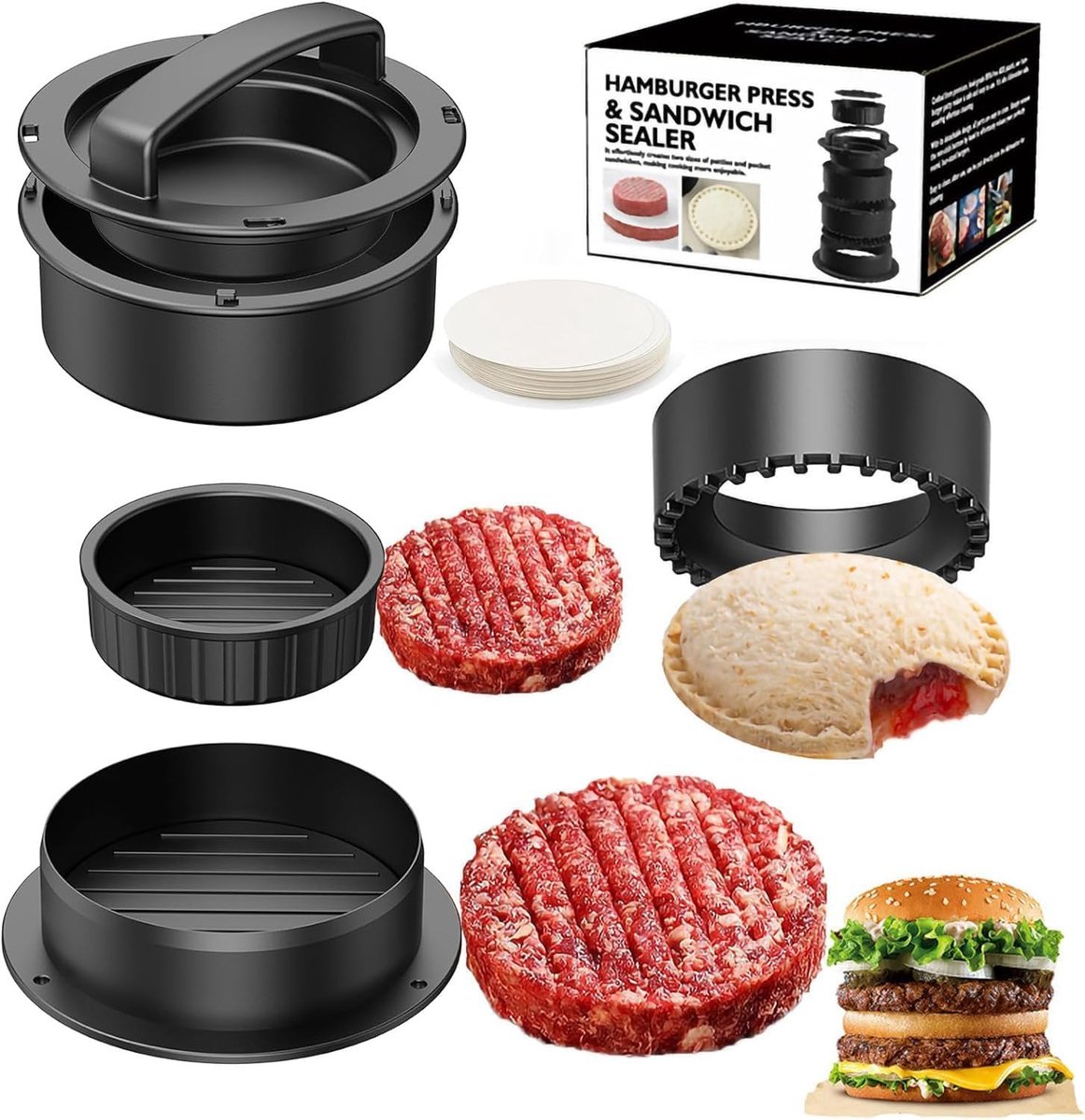 4-in-1 Hamburgerpers - Antiaanbak Bakvorm - 100 Vellen Papier