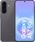 Grijze Samsung Galaxy A57 5G met drie camera's op de achterkant en het Samsung logo.