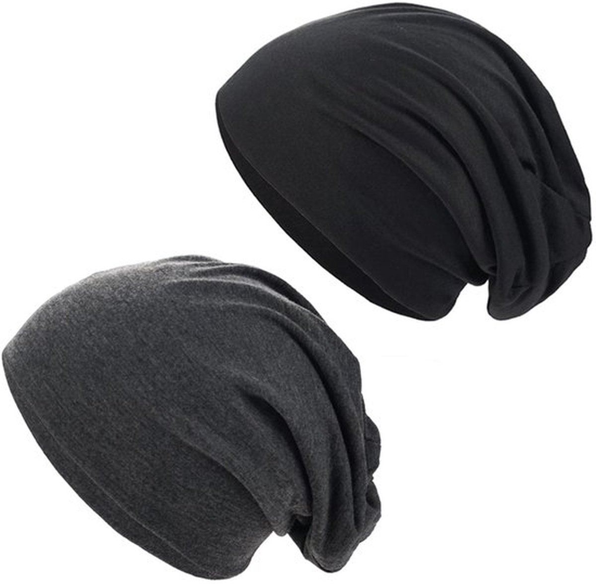 Set van 2 mutsen voor mannen en vrouwen, zachte nonchalante mutsen, elastische hoeden, slappe schedelmuts, chemo-mutsen, modieuze, lichtgewicht muts voor dagelijks gebruik, Zwart + Donkergrijs