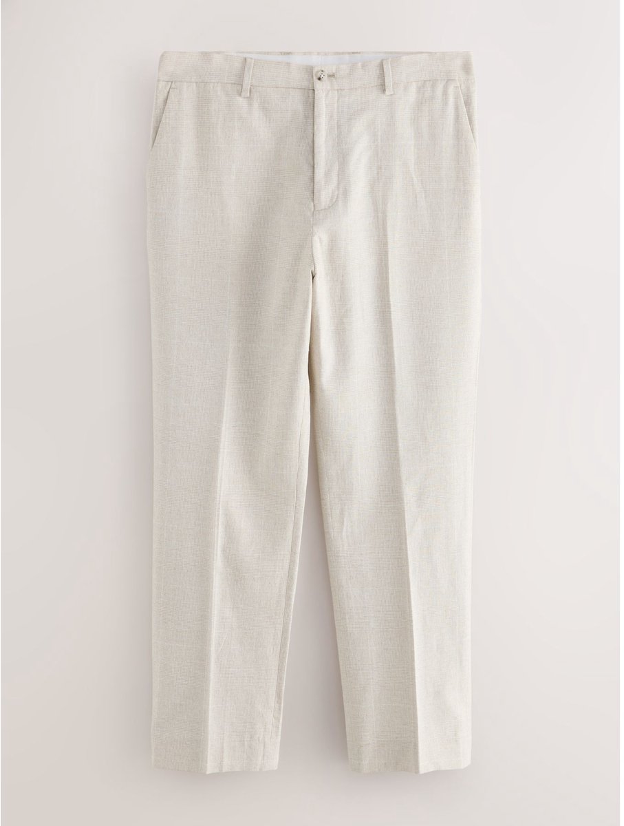 Next - Heren - Regular fit linnenmix geruite pakbroek - Naturel