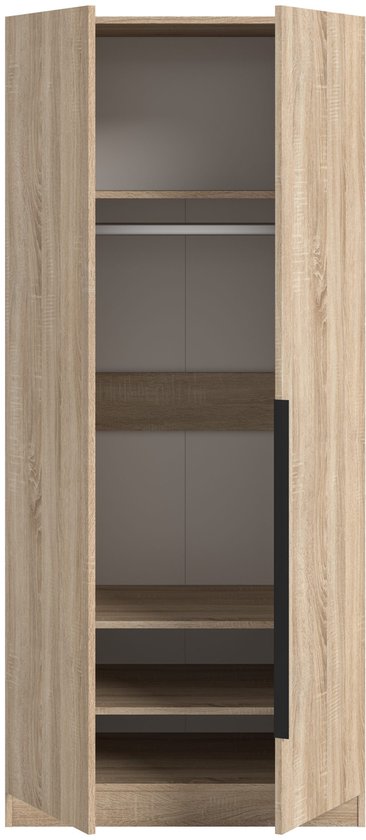 Houten kledingkast met open deuren, kledingroede en planken.