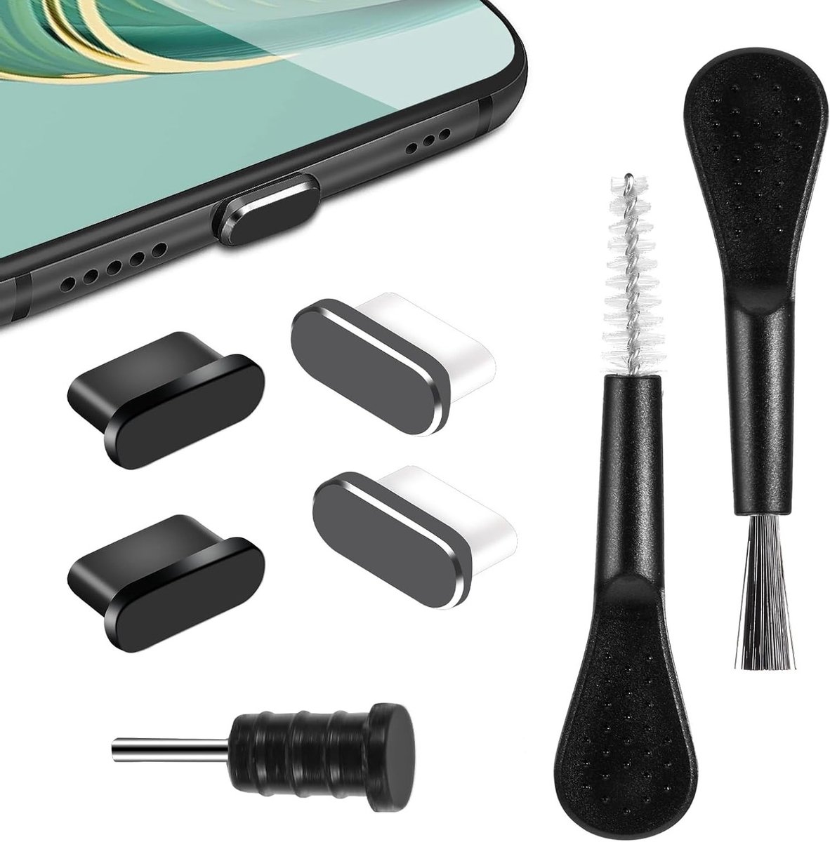 7-delige Oplaadpoort Reinigingsset voor USB C - Stofbescherming, Oplaadpoort Beschermhoes en Reinigingsborstel (Zwart)