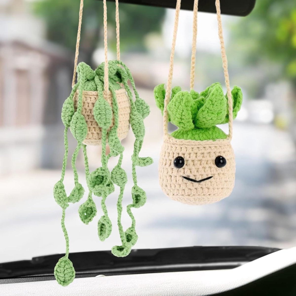 Gehaakte Plant Hanger - Auto Ornament - Auto Interieur Decoratie - Handgeweven Katoen - Tot 35 cm Lengte
