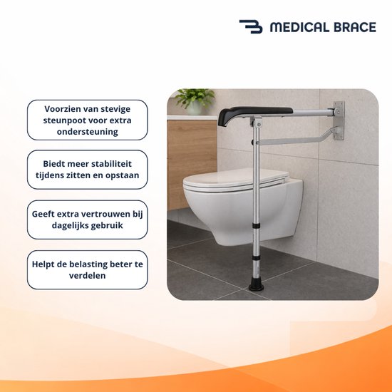 Opklapbare toiletbeugel met steunpoot voor extra stabiliteit.
