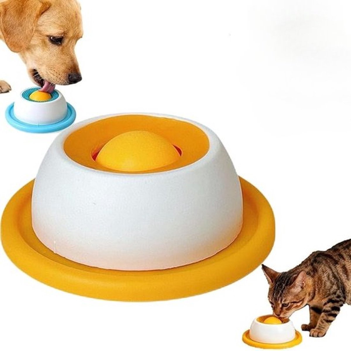Hondenvoerbak, slow feeder (geschikt voor vloeibaar voer) - antislipbodem - met ingebouwd speelballetje, interactief speelgoed voor extra plezier voor honden en katten - Geel