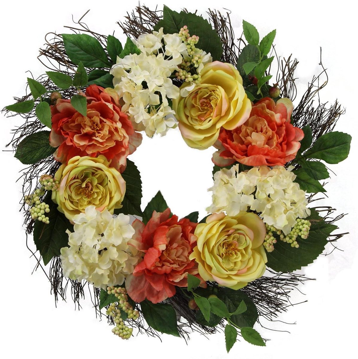 Kunstmatige Krans - Decoratieve Krans - Voordeur Decoratie - Roos Hortensia Pioen - 24 inc