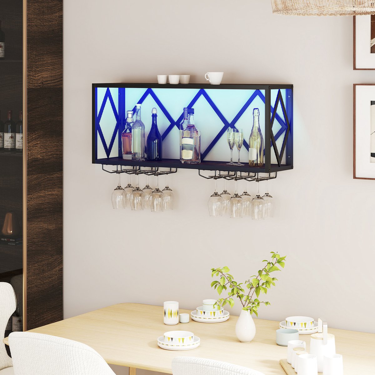 COSTWAY Wijnrek voor aan de muur met ledverlichting, 2 niveaus flessenrek hout met metalen frame, met 6 rijen wijnglashouder, industrieel design, ideaal voor thuis, bar, keuken en restaurant — cadeau in Wonen & Interieur - foto 7