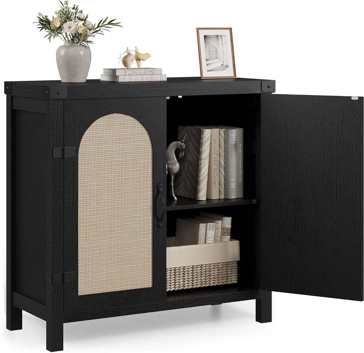 HOERFURIY Dressoir Kast met Rotan Deuren en Lade - Zwarte Buffetkast met Opbergruimte - Boho Webbing Design - Voor Woonkamer & Hal - 80x35x84 cm - Zwart