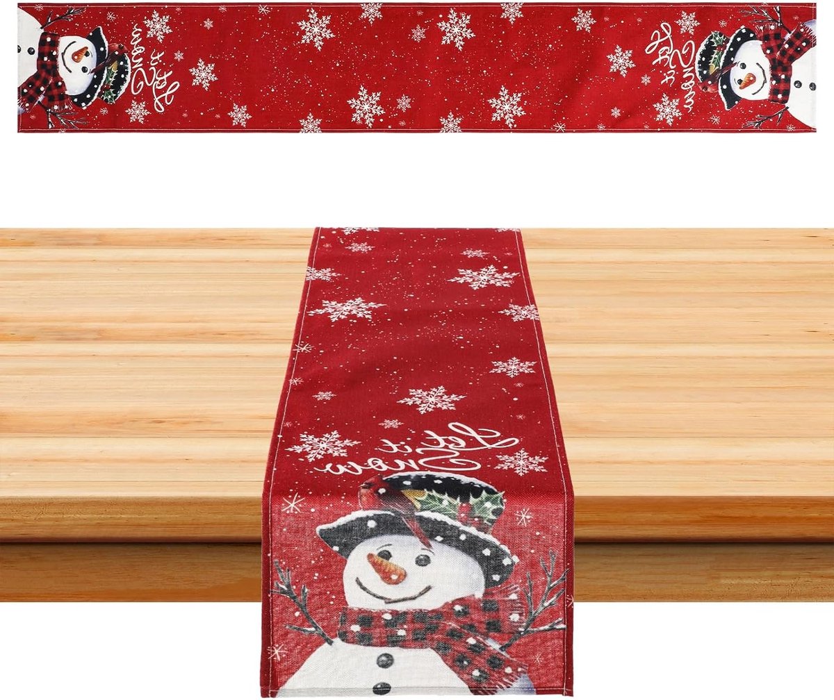 Sneeuwman Tafelkleed voor Kerstdecoratie - Rode Tafelrunner met Sneeuwvlokken - Winterse Tafelversiering voor Feestdagen (33 x 180cm)