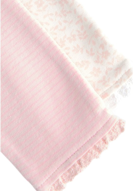 Een roze gestreepte legging en een met bloemenprint. Kanten randjes aan de onderkant.
