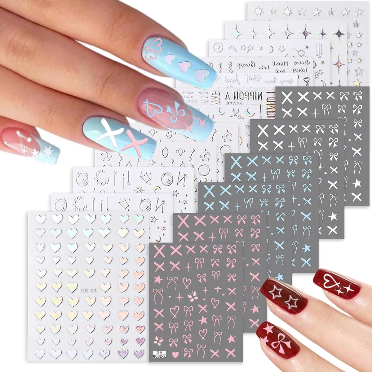 18 Bladen Nagelstickers voor Nagelkunst en Nagelsalons - Zelfklevende Decoraties met Strik, Ster en Hart - Delicate Nagelontwerpen en Accessoires in Diverse Vormen