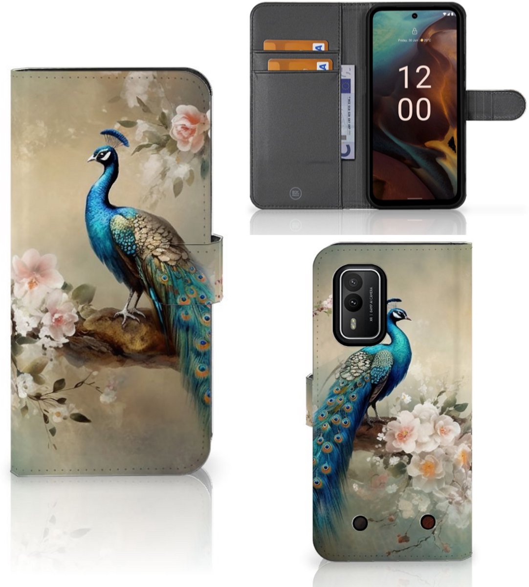 Telefoonhoesje met Pasjes voor Nokia XR21 Vintage Pauwen