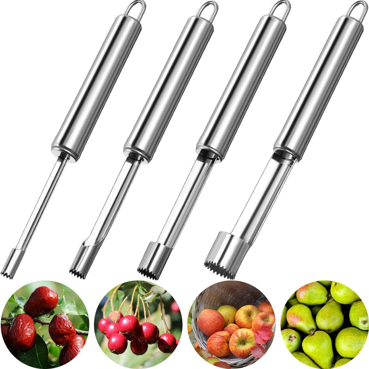 Deze vierdelige multifunctionele fruitontpitterset is gemaakt van roestvrij staal. De set is verkrijgbaar in vier maten en kan worden gebruikt om pitten te verwijderen uit fruit zoals peren, kersen, dadels en jujubes.