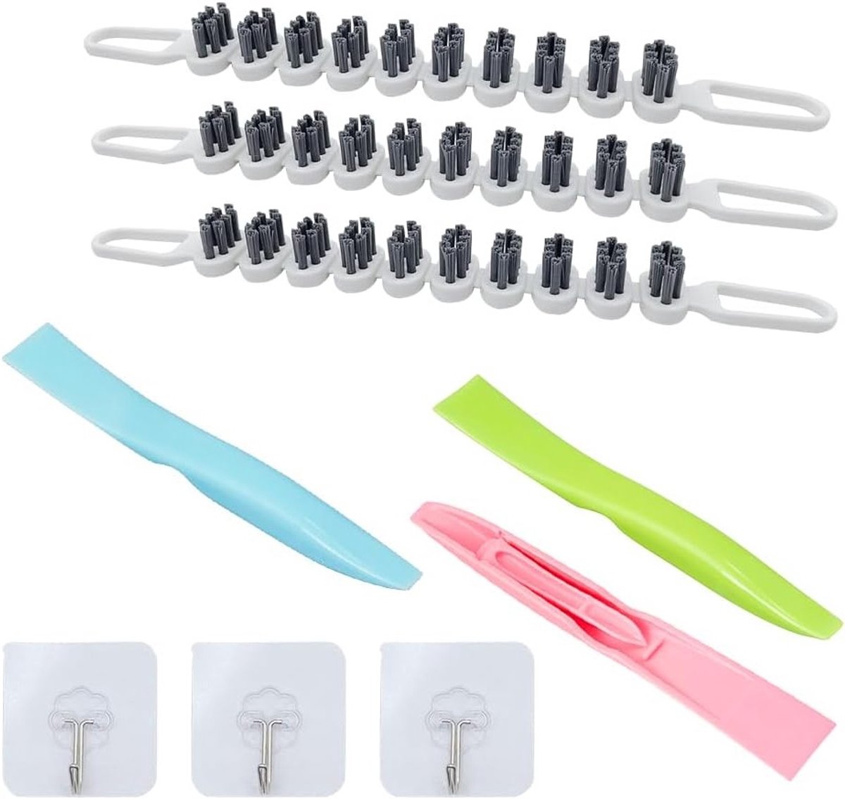 Set van 3 Flexibele Reinigingsborstels en Plastic Schrapers voor Keramische Glasdeuren en Ramen, Inclusief 3 Zelfklevende Haakjes voor Gemakkelijk Gebruik
