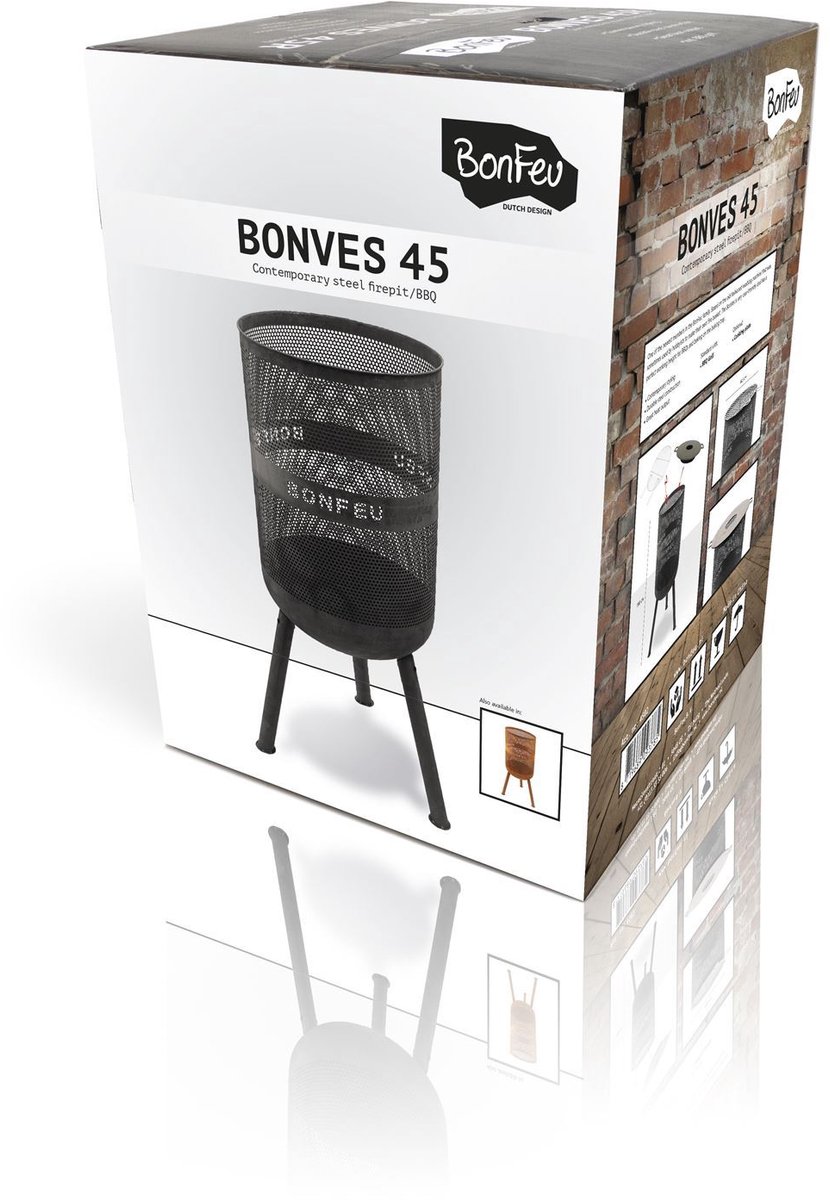 BonFeu BonVes Fire Basket 45 cm - With Grill Grate and Poker - Black