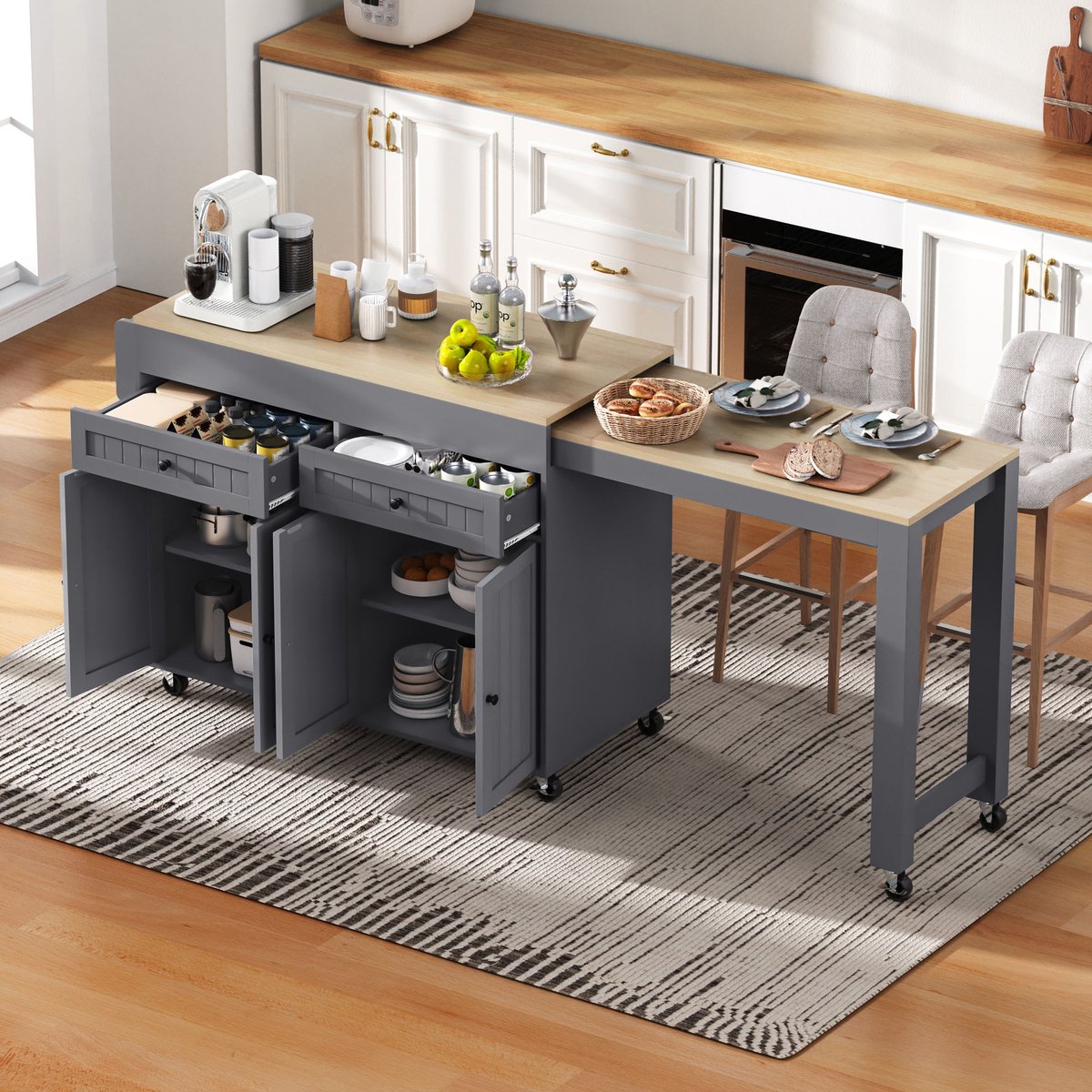 MIVRAY Keukeneiland - Uitschuifbaar Werkblad Met Wielen - Voor Keuken En Eethooek - MDF Grijs Naturel - 112-180,5x45x92,2 Cm