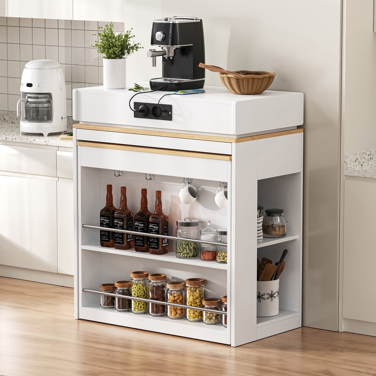 MIVRAY Keukeneiland - Uitschuifbare Eettafel Met Stopcontact En Opbergruimte - Voor Keuken En Eetkamer - Wit - 83x46x96 Cm