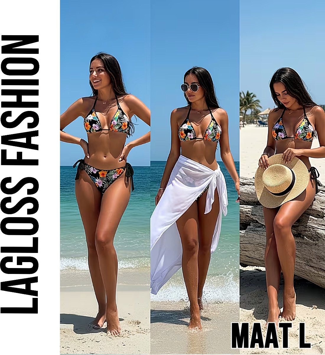 LaGloss® 2-delig Dames Bikini Set Zwart met All-over Bloemenprint - Haltertop en Strikbroekje – Strandmode – Beach fashion – Maat L