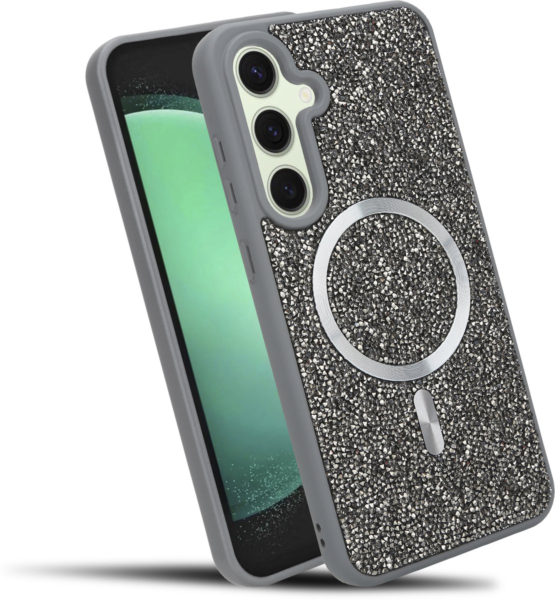 Hoesje geschikt voor Samsung Galaxy S24 FE in Grijs Diamant Glitter Stijl