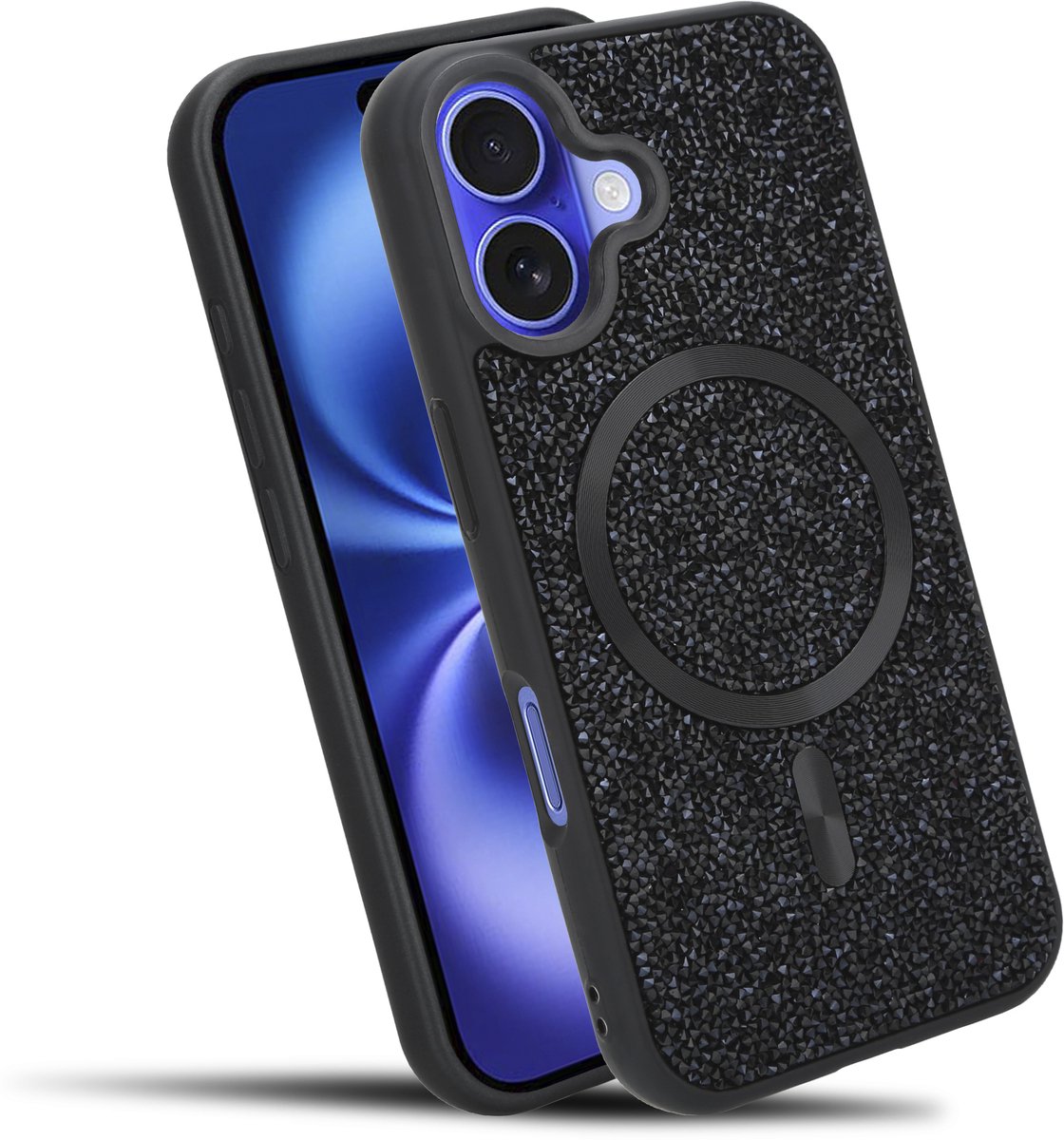 Hoesje geschikt voor iPhone 16 in Zwart Diamant Glitter Stijl