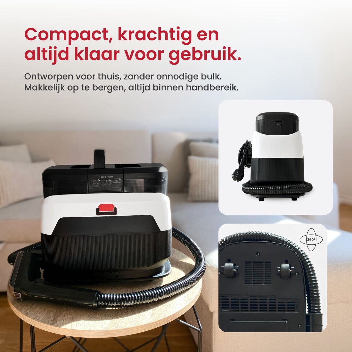 LuxeSteam 6-in-1 Vlekkenreiniger & 100℃ Stoomreiniger – Met Slimme zuigfunctie, wielen, Dubbel Tanksysteem, Verwarmingsfunctie & Zelfreinigend – Vlekkenreiniger voor Bank, Vloer, Auto & Tapijt (Tapijtreiniger) – Inclusief 8 accessoires thumbnail 3