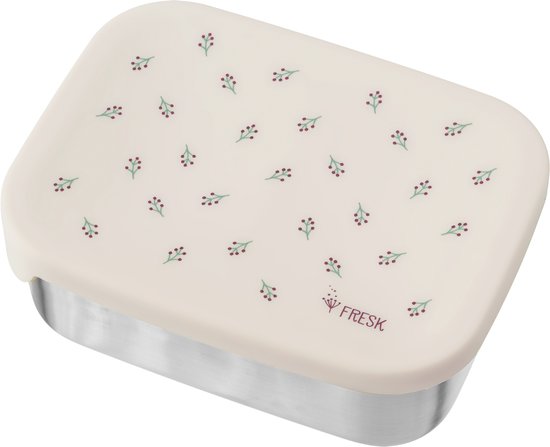 Crèmekleurige broodtrommel met een patroon van rode bessen en groene takjes. Fresk logo onderaan.