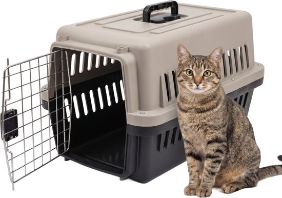 Grijze en zwarte kattenreismand met open deur, naast een zittende cyperse kat.