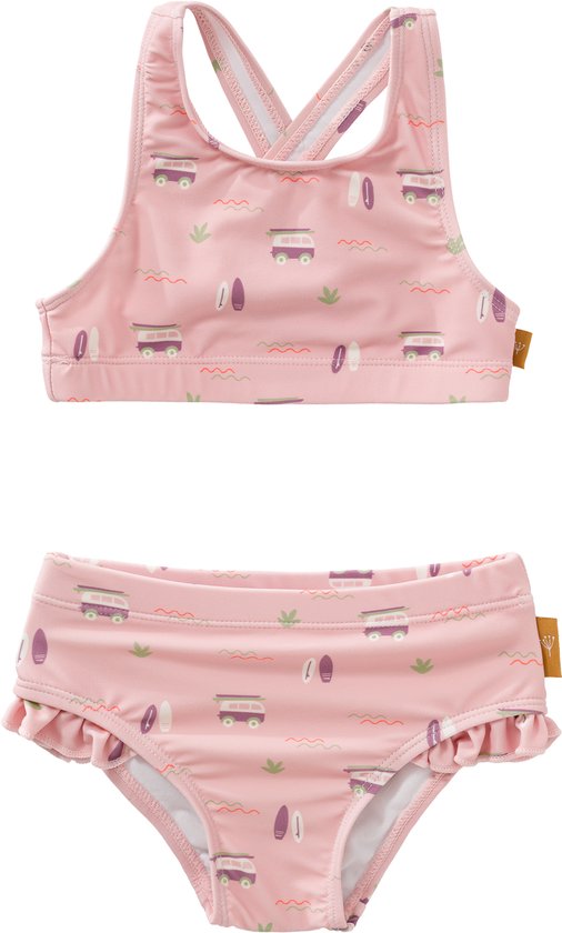 Roze bikini met retrorolkers en surfplankjes print