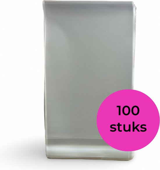 Stapel cellofaanzakjes met roze cirkel met tekst "100 stuks".