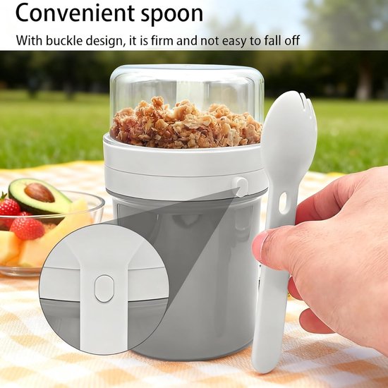 Muesli beker - Yoghurt beker to go - Overnight oats beker - Lunchbeker - Lekvrij - Met deksel - Herbruikbaar - Voor werk, school en onderweg - Grijs — afbeelding 4