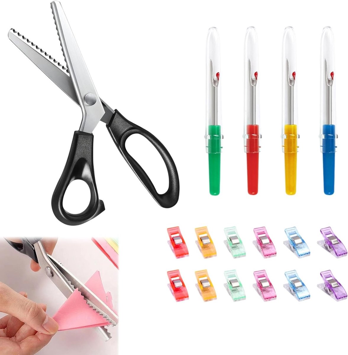 Set van Stoffenschaar - Rvs Schaar, 4 Draadknippers, 12 Naaiclips, Geschikt voor Naaien en Handwerken, Verstelbare Hoek, Ideaal voor Stof en Papier, Creatief Knutselen en Quilten