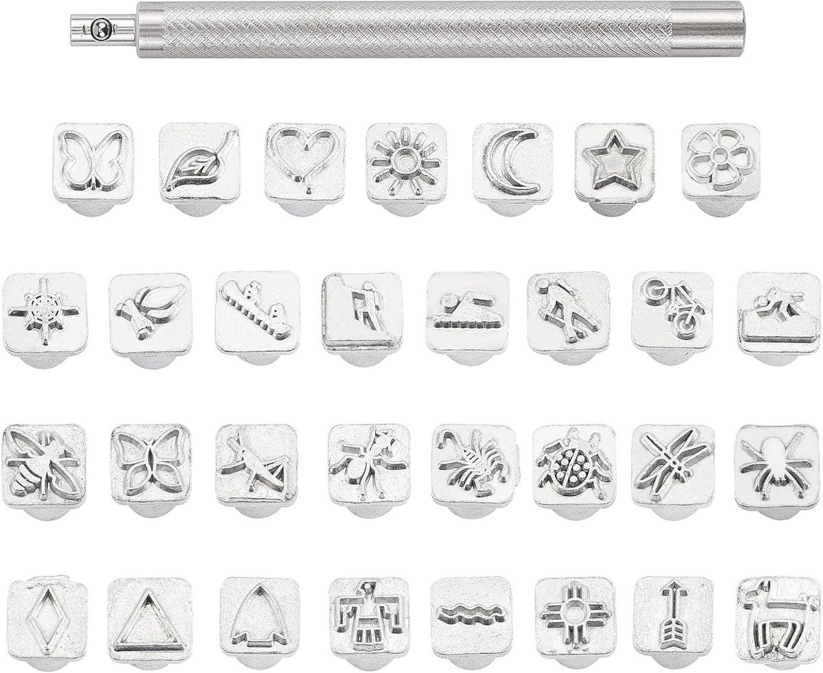 32-delige RVS Stempelset met Insectenthema voor Leerbewerking, DIY Sieraden en Ambachtelijke Projecten met Handvat
