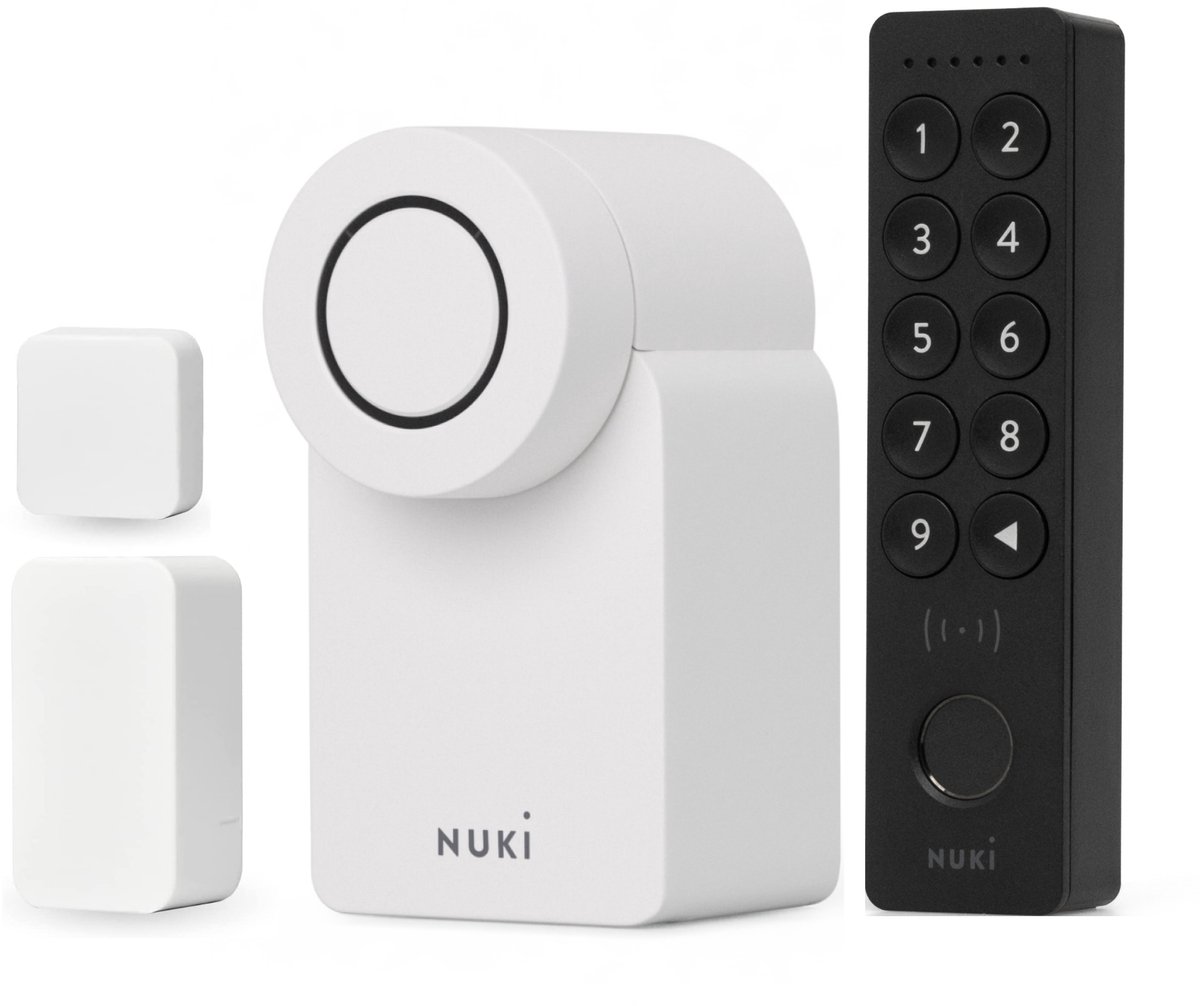 Nuki Smart Lock Go – Incl. Keypad 2 NFC & Door Sensor - Slim Deurslot met Bluetooth & Matter – Sleutelloos, Auto Unlock & Auto Lock – Werkt met Google Home, Alexa & Apple Home – Wit