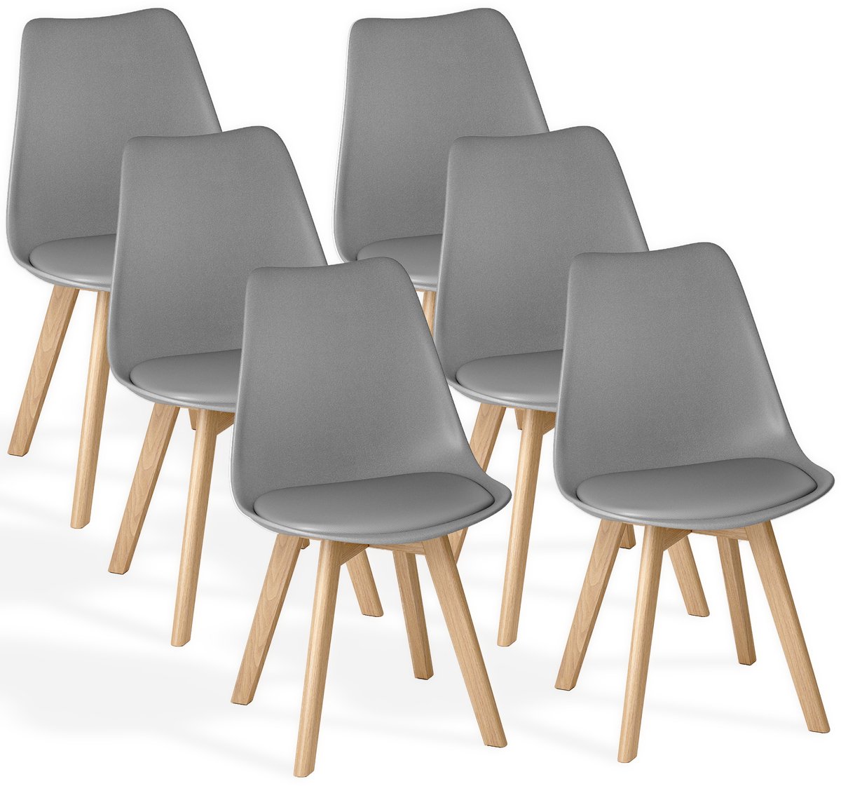 Xbro Eetkamerstoel Set van 6 - Kuipstoel met Houten Poten - Eettafelstoel - Keukenstoelen set 6 met Schuimzitting - Grijs